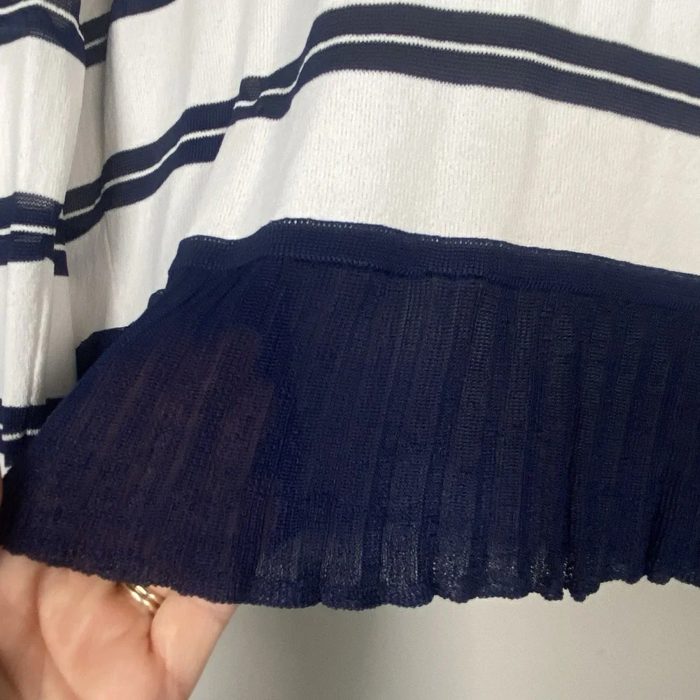 Boston Proper Ivory Ruffled Nautical Ruffle Edge Striped Cardigan Sweater Size S